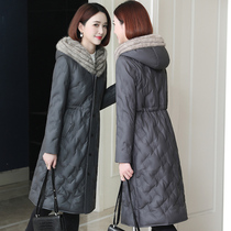 2021 New Leather Down Jacket Womens Long Hood Embossed Leather Sheining Fur Coat Slim