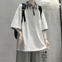 Lapel plaid short-sleeved t-shirt men loose summer clothes ins Hong Kong style hip-hop trend handsome fake two-piece POLO shirt