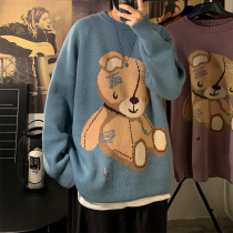 Little Bear Sweater Mens Autumn and Winter Korean Tide Brand Size Loose Thick Student Couple Sports Knitted Jacket