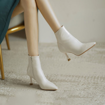 Nutty sheepskin French boots women 2021 new thin-heeled pointed white high-heeled 33 small size boots niche design