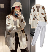 Pregnant women autumn suit Fashion Net red Air Age cartoon sweater cardigan autumn winter casual pants two-piece set