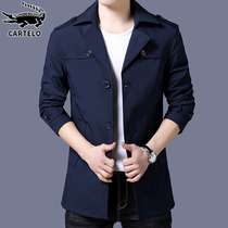 Crocodile autumn long windbreaker mens high-end Korean version of spring and autumn blue casual suit collar coat jacket mens clothing