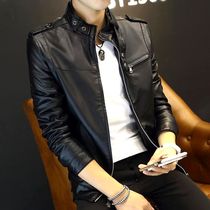 Autumn leather clothing mens trend Korean version of slim handsome youth locomotive puleather jacket thin spring and autumn casual jacket mens clothing