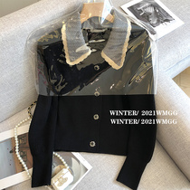 Small fragrant wind sweater cardigan coat womens outer temperament short black doll collar soft waxy knitted top