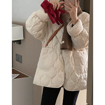 White down jacket women 2021 new round neck Diamond short thin lamb hair stitching white duck down coat winter