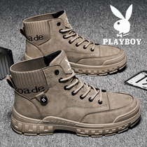 Playboy men's martin boots winter new leather British tooling plus velvet autumn high snow cotton boots