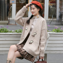 Girl Knitted Cardigan Spring and Autumn Winter Dress Lazy Wind Big Children High School Students Horn Buckle Sweater Jacket Academy Style