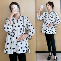 Pregnancy Woman Dress Spring Clothing Suit Fashion Out Korean Version Medium Long blouses Loose Snow Spinning Polo Dot a word dress Two sets