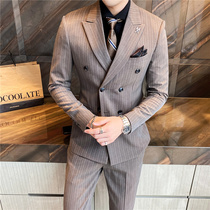 Striped suit mens suit three-piece Korean slim fit set of youth casual business formal suit jacket wedding
