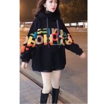 Counter fried street clothes female plus velvet thickened 2021 new autumn and winter Korean hooded pullover letter stitching coat tide