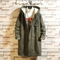 Lamb hair long cotton coat winter mens windbreaker hooded jacket military green retro over lap clothes