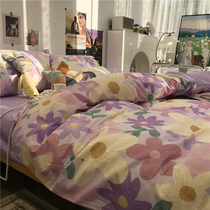 European-style purple oil painting style pastoral small floral bed four-piece cotton cotton literary freehand lodging 1 5m