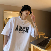 T-shirt man short sleeve loose round collar ruffled 100 hitch blouse blouse spring and summer Korean version trendy letter printed big code body shirt