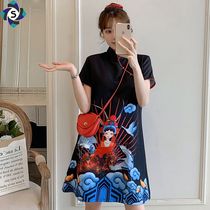 Modern young cheongsam elegant National style printing large size temperament womens daily loose belly modified dress