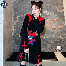 Long sleeve cheongsam autumn National style original hooded embroidered sweater modified version of Daily young new dress