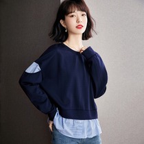  Sweater womens spring and autumn thin stitching shirt fake two-piece large size loose thin bat sleeve round neck pullover