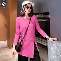 Base shirt Women in autumn and winter T-shirt High-elastic split medium long knitwear candy color age irregular top