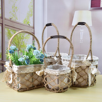 Hand-woven hemp rope flower basket rattan flower arrangement flower basket portable gift basket home decoration creative green flower pot