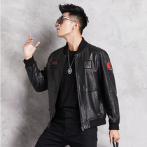 Haining new autumn and winter head layer oil wax sheepskin real leather men Tide baseball collar thin slim jacket short jacket