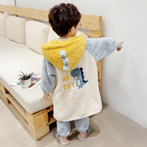 Childrens Flannel Pajamas Winter Boys Coral Velvet Coated Mid-Big Boy Boy Autumn and Winter Home Clothes Set