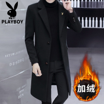 Playboy windbreaker mens long knee slim woolen coat winter thickened trend medium long woolen coat