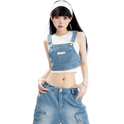 taobao agent APEA retro ABG hot girl basic water washing cowboy strap shirt, summer work pocket pants two -piece suit