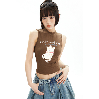 taobao agent APEA American retro hot girl cat printed sleeveless vest girl feels full of high collar, wearing J