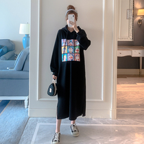 Pregnant womens sweater autumn and winter wear fashion cartoon over the knee long large size loose fashion cotton sweater skirt hooded
