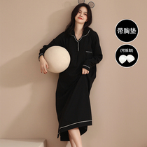 2021 New nightdress women spring and autumn with chest pad modal cotton silk long sleeve long dress solid color pajamas home clothes