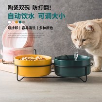 Cat bowls double bowl automatic drinking water protection cervical spine anti-overturning high foot dog food and dog basin anti-leakage pet ceramic single bowl
