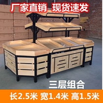 Thickened supermarket multifunctional high-grade two-story shelf fruit shelf creative steel wood frame fruit shop display rack wooden