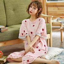 Pajamas womens summer short-sleeved student home clothes three-point pants medium pants thin Korean version of cute can be worn outside net red suit