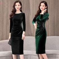 Spring and Autumn Golden Velvet Dress 2021 new belly long sleeve size base skirt small man long cheongsam dress
