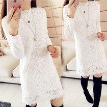 2021 spring and autumn loose slim coat womens long sleeve belly cover lace long base shirt dress T-shirt skirt
