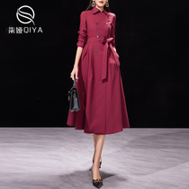 Red windbreaker coat women's spring and autumn 2021 new temperament waist slimming long autumn British wind coat