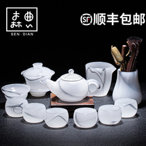 Glass white jade kung fu tea set household teacup light luxury office with high-end atmospheric upscale teapot package