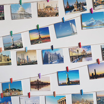 Landscape postcards from all over the world Small card paper handwritten literary greeting cards Chinese urban travel star letters Shanghai Beijing 100 hanging photos Wall small clips hemp rope decorative display