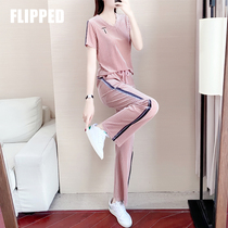 Casual suit womens 2021 summer new short-sleeved thin fashion womens casual thin wide-leg pants two-piece set women