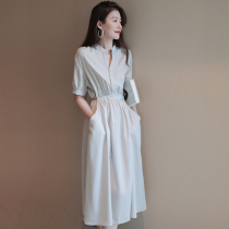 Japanese 2021 summer can be literary and diligent can be casual bright gray tone fine twill double pocket dress