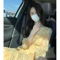 Yellow Broken Flowers Snowspun dress Women spring 2022 New long sleeves French Temperament Fairy Skirt Super Fairy dress