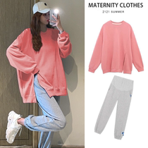 Pregnant Woman Autumn Clothing Suit Fashion Nets Red Korean Version Pregnant Womens Wee Clothing Spring Autumn Season Open Fork Blouse Casual Sports Two Sets