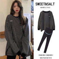 Pregnant woman Autumn Fashion suit Fashion out of the Korean version Tennis Red loose striped sweatshirt Two sets of spring and autumn