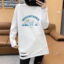 Hong Kong style white long-sleeved t-shirt womens pierced mid-length 2021 autumn and winter new thin all-match printed bottoming shirt