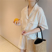Summer ins sweet ruffle polka dot cotton and linen pajamas girls short-sleeved shorts Korean home service two-piece suit@