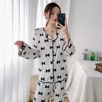  Black and white simple bow ice silk pajamas womens spring and summer 2021 new long-sleeved thin simulation silk home clothes summer