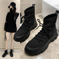 Thick-soled high-top shoes womens 2021 New breathable elastic socks boots knitted Martin boots slim boots short boots tide