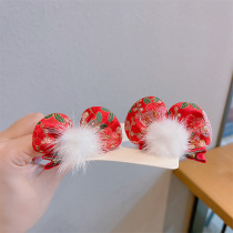 Children's New Year Red Hairpin Chinese Style Embroidery Cute Pair Mink Ball Cute Head Rope Baby Rubber Band W