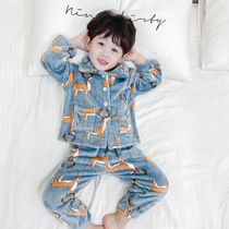 Children's flannel pajamas set warm autumn and winter boys plus velvet home clothing baby padded coral velvet cartoon