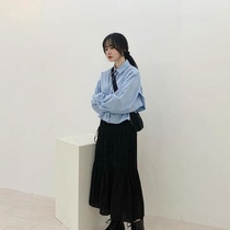 Two-piece suit Womens simple casual lantern sleeve pleated shirt top Black high waist skirt Two-piece set