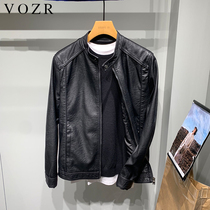 VOZR mens 2021 autumn new casual stand collar short leather slim simple Korean version PU jacket coat men